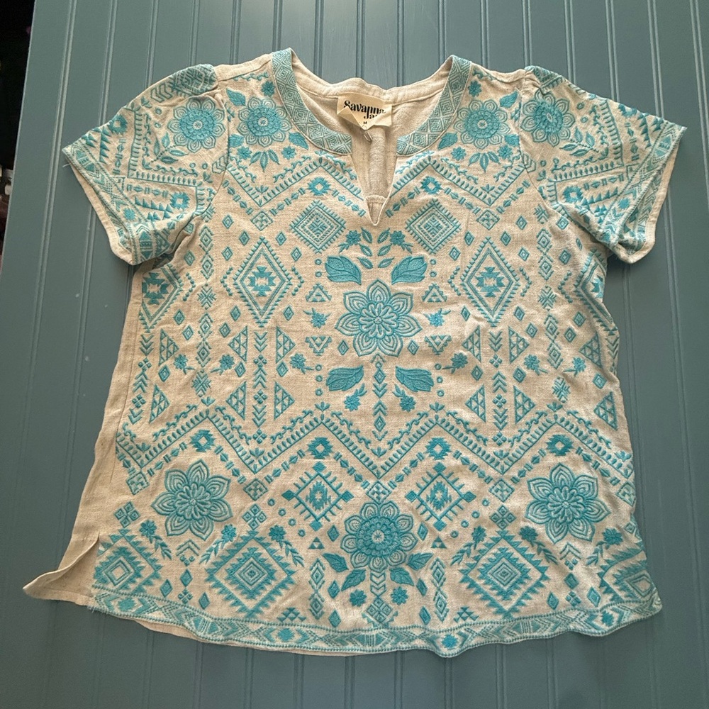 Savanna Jane embroidered shirt linen blend  Aztec print loose boho country sz M